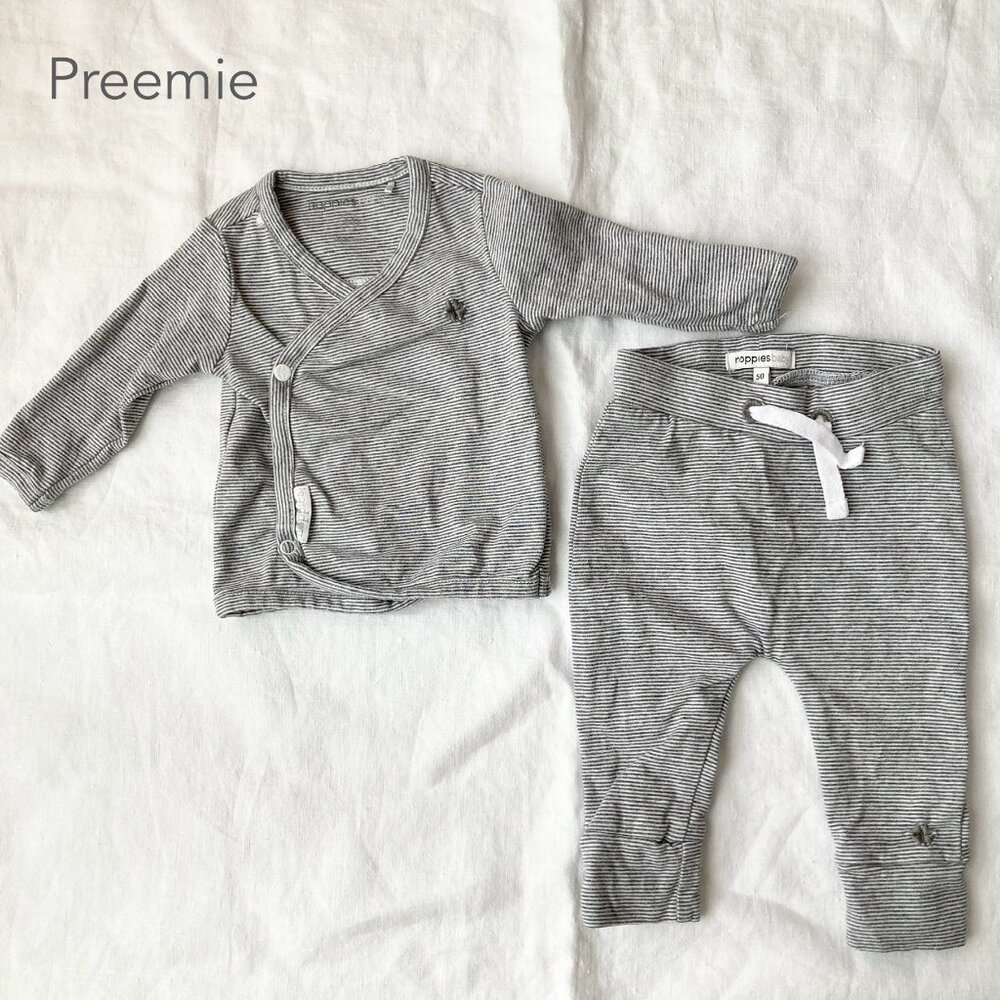 Noppies Preemie Baby Boy Long Sleeve Kimono Tee and Pants Grey Stripes